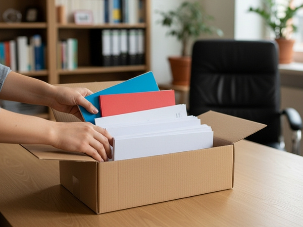 Frau packt Materialien in Karton DIN Formate
